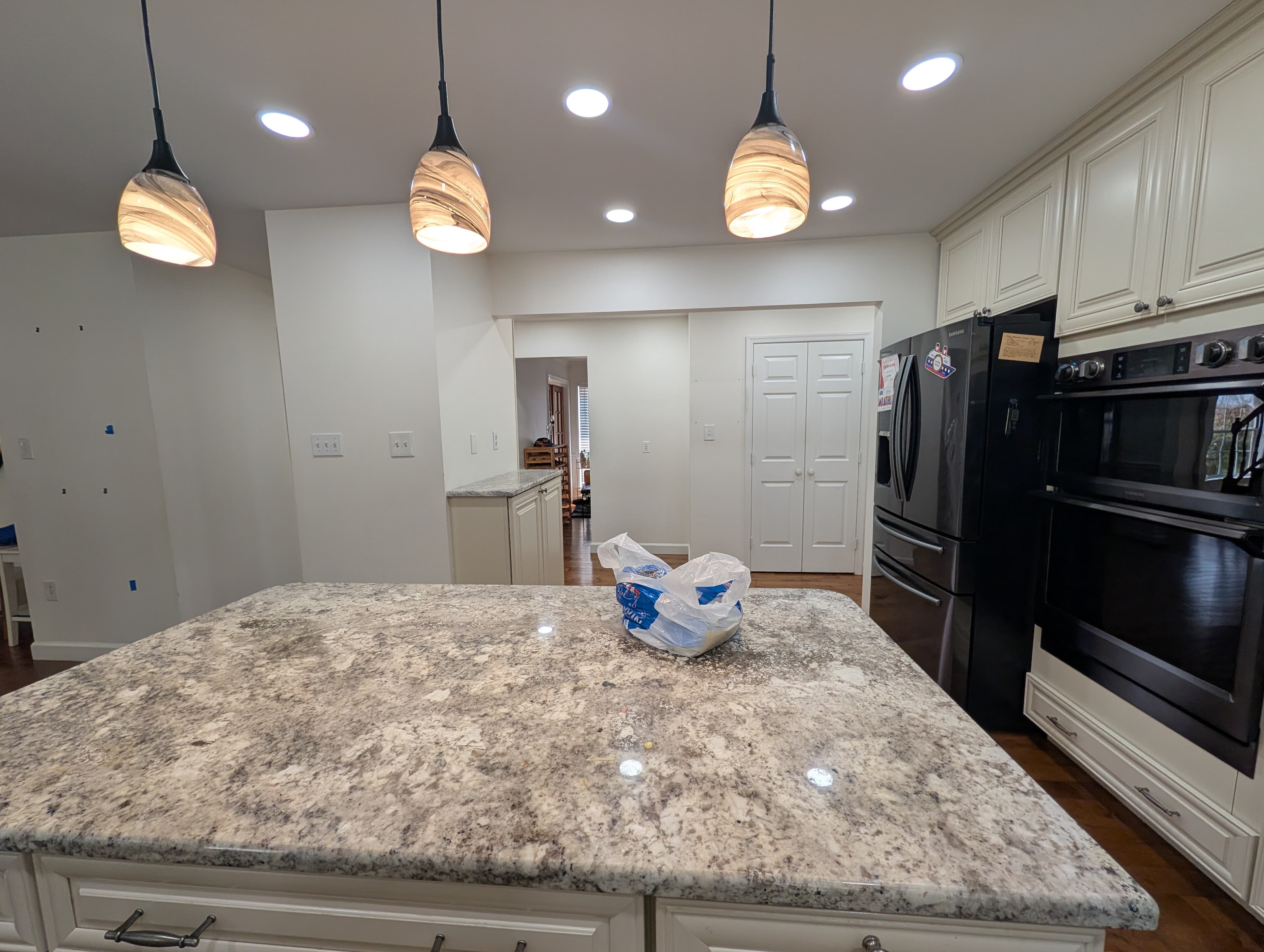 Original Herndon kitchen island with granite countertop, close-up