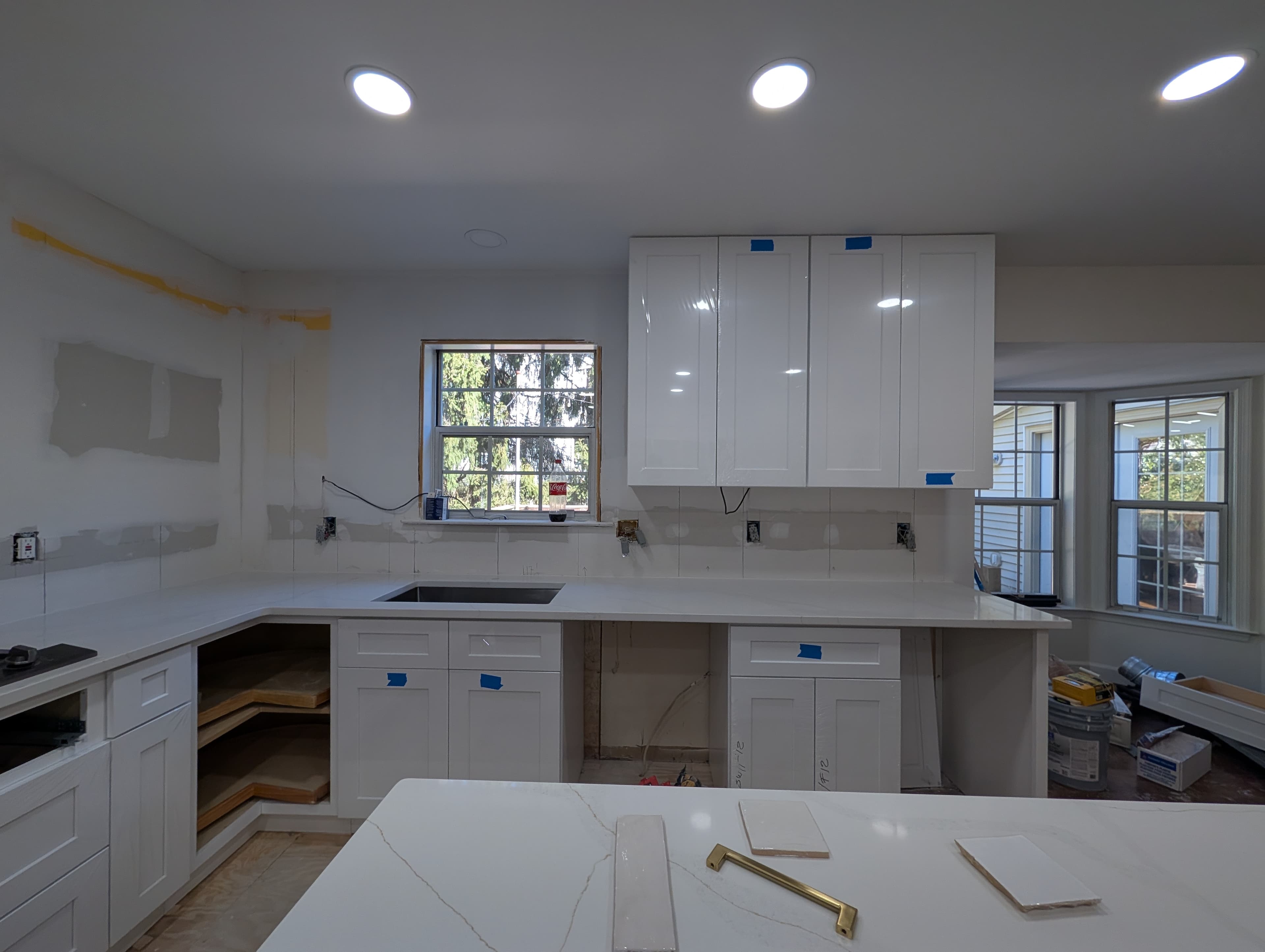 New Herndon kitchen in progress, quartz countertop slab with a corner lazy-susan cabinet