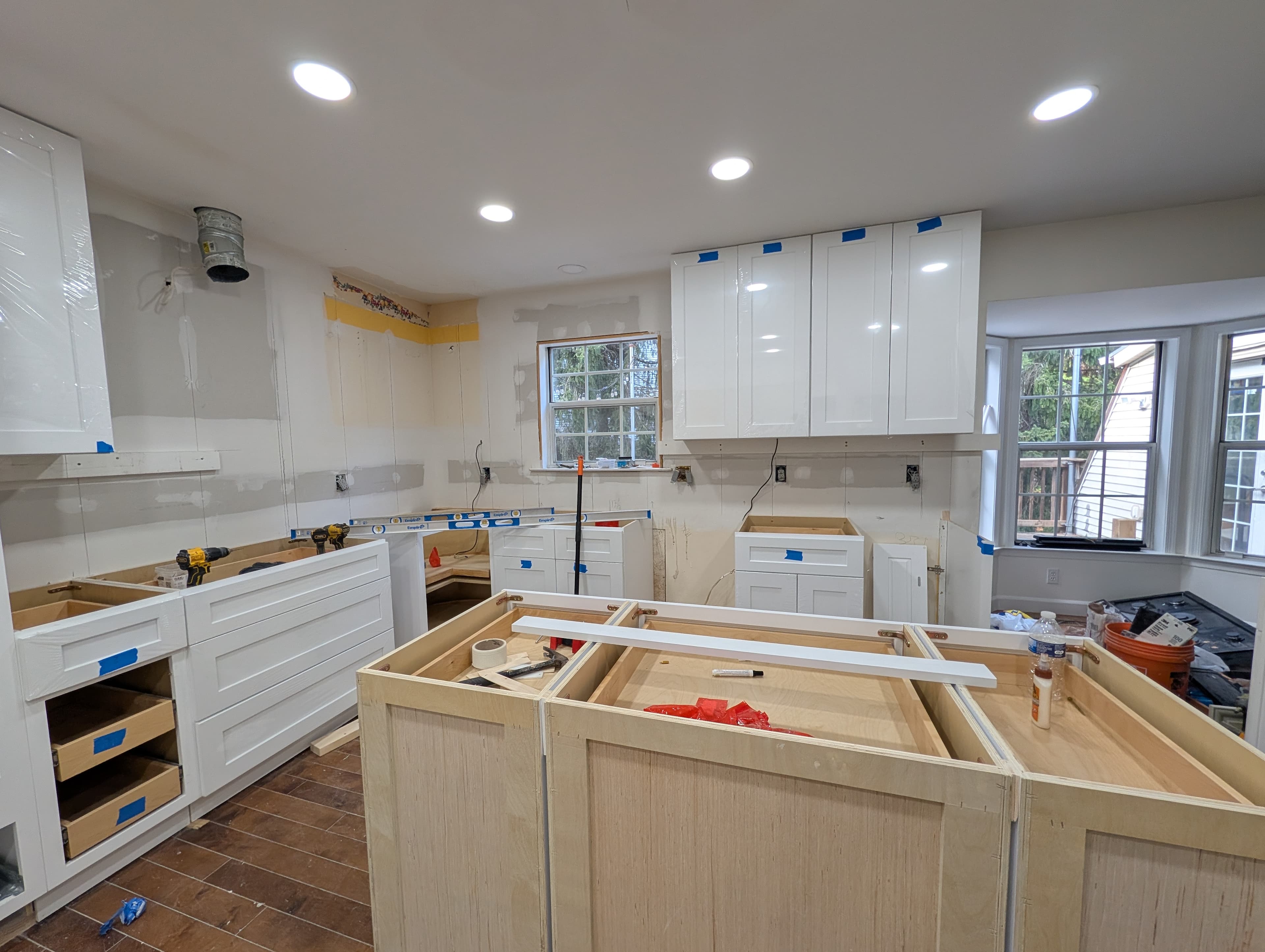 New Herndon kitchen in progress, island cabinet boxes being built from raw wood before finishing
